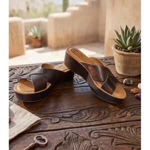 Kork-Ease Womens Size 10 Brown Leather Platform Wedge Slide Sandals K16223